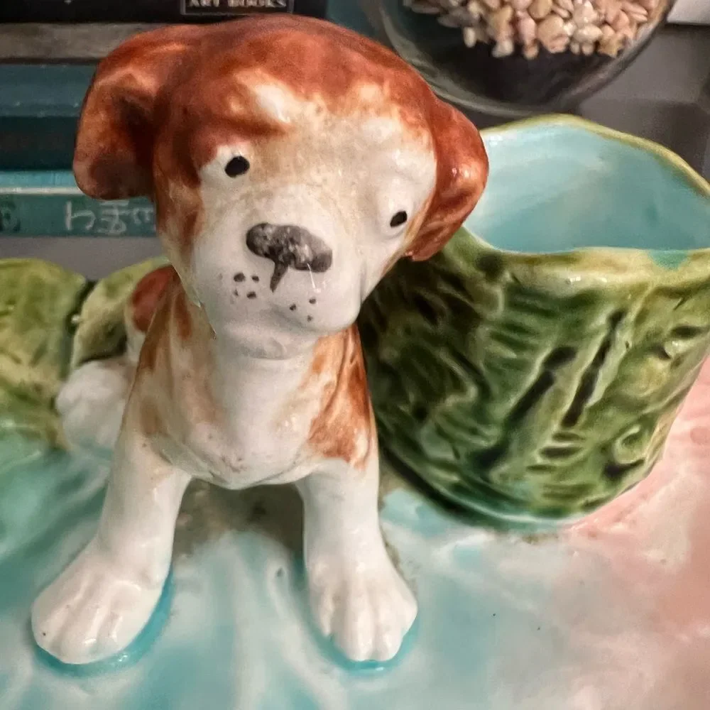 Vintage ceramic puppy on lily pad w tree holder.